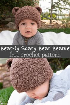 a baby wearing a bear hat with text overlay