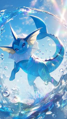 a blue and white pokemon character floating in the air with bubbles around it's head