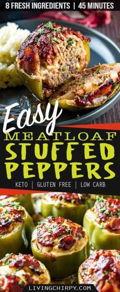 stuffed peppers on a plate with text overlay