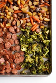 sausage, broccoli and potatoes on a baking sheet