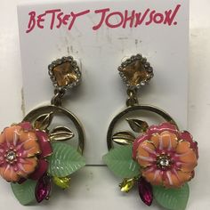 Square Amber Rhinestone Outlined In Clear Stones Suspends 1" Gold Hoop With Salmon On Hot Pink Flower Trimmed In Gold On 2 Green Leaves, 2 Gold Leaves And 2 Rhinestones (Magenta And Clear). Studs. Gold Findings. 2" Drop. Retail - $40. Nwt Hot Pink Flowers, Studs Gold, Gold Leaves, Betsey Johnson Jewelry, Clear Stone, Betsy Johnson, Gold Hoop, Pink Flower, Betsey Johnson