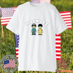 the rock lee t - shirt with an american flag in the background and two cartoon characters on