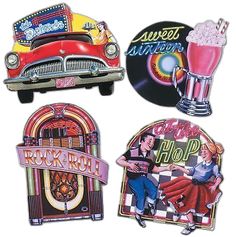 four stickers with different types of food and drink on them, including an old car