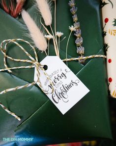 a gift wrapped in green paper and tied with twine next to some dried flowers