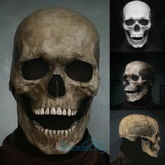 four different views of a human skull with various facial expressions and headgear on