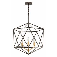 an iron cage chandelier with four candles hanging from the bottom and one light on top