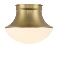 a brass ceiling light with a white glass ball on the bottom and an oval shade