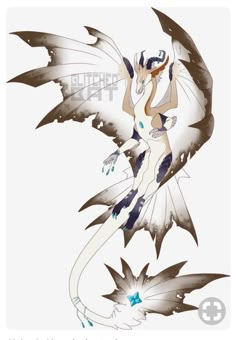 a white and black dragon with blue wings