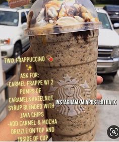 a person holding up a starbucks frappuccino drink with information about the toppings