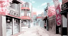 an anime street scene with buildings and signs