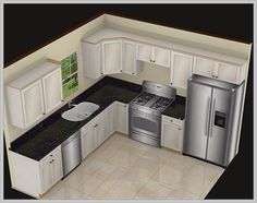 a kitchen with white cabinets and black counter tops is shown in this 3d image, the words diy kitchen appear to be overlaid