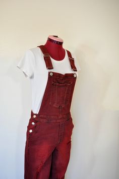 Item# 230221 I have been dying denim regularly - I just started dying other items like these overalls.  They have been a big hit! ABOUT OVERALLS: Overalls are loose fitting. The waist measurement is about 1-2 inches larger than what you would normally wear.  Adult Small 32-34" waist.  Medium 34-36" waist,  Large 36-38 waist  XL are 38-42 waist.  Details: Upcycled Cotton Overalls "Divided" Brand 77% Cotton/21%Rayon/2%Spandex Mock Fly - cropped length pant Dyed  Red  Size Juniors Small Measurement Red Overalls, Cotton Overalls, Bib Overalls, Waist Measurement, Overalls Women, How To Dye Fabric, Denim Overalls, Cropped Pants, Dark Red