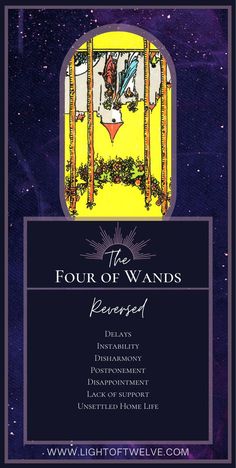 Four of Wands Quick Reference Guide focusing on reversed position, explaining its different angle on wands tarot card meaning in life and relationships. Four Of Wands Tarot, Four Of Wands, Chasing Dreams, Minor Arcana