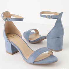 A Chic Single Sole Silhouette (With Slender Toe Strap And Peep-Toe Upper) Has A Structured Heel Cup, And Adjustable Ankle Strap With Gold Buckle. 2.5" Wrapped Block Heel. Cushioned Insole. Nonskid Rubber Sole. All Vegan Friendly, Man Made Materials. Dusty Blue Shoes, Everyday Heels, Everyday Shoe, Single Sole Heels, Blue Wedding Shoes, Blue Suede Shoes, Girly Shoes, Blue Heels, Everyday Shoes