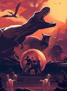 two men are standing in front of an illustration of dinosaurs and other animals, with the sun setting behind them