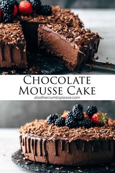 a chocolate mousse cake with fresh berries on top and the rest cut out