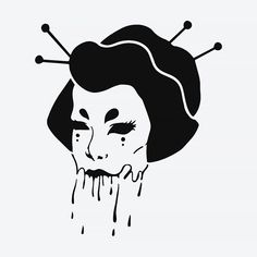 a drawing of a woman with her face covered in makeup and hair pins on top of her head