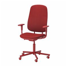 a red office chair with casteors and wheels on an isolated white background, viewed from the front