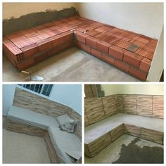 three pictures show the process of making a wooden bench out of plywood and bricks