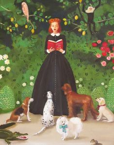 a painting of a woman surrounded by dogs