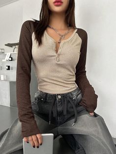 Brown Clothes, Shein Wishlist, Brown Y2k, Western Clothes, Button Long Sleeve, Extra Long Sleeves, Jeans Outfits, Elegant Dresses Long, Clothes Women