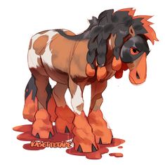 a cartoon horse with orange and black manes standing on its hind legs in the mud