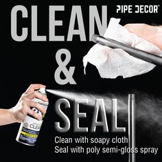 a person is spraying soap on a black background with the words, pipe decor & seal