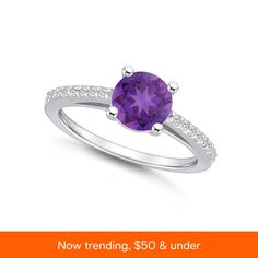 in stock Amethyst Diamond Ring With Accents, Fine Jewelry, Amethyst Diamond Ring With Accents In Fine Jewelry Style, Fine Jewelry Amethyst Diamond Ring With Accents, Fine Jewelry Amethyst Diamond Ring With Prong Setting, Fine Jewelry Amethyst Diamond Ring, White Gold Diamond Ring With Amethyst Center Stone, Purple Brilliant Cut Diamond Ring, Amethyst Promise Ring With Brilliant Cut Diamond, Classic Purple Diamond Birthstone Ring