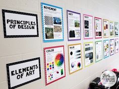 there are many posters on the wall in this school room that say, principals of design and elements of art