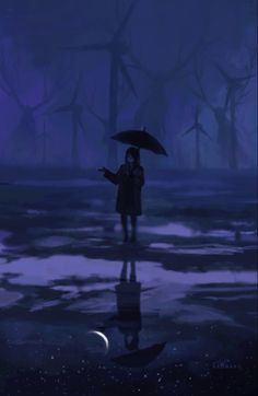 a person holding an umbrella standing in the rain at night with trees and moon behind them