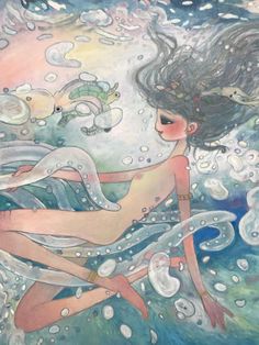 a painting of a woman swimming in the ocean with fish and bubbles on her body