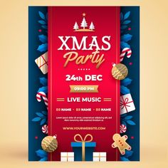 an xmas party flyer with presents on the front and back cover, in blue and red