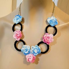 Stunning necklace with roses, Floral jewelry for woman, Boho style wedding, Adorable rustic gift for wife, Romantic girl  blooming adornment Incredibly beautiful and delicate necklace - the connection of black and delicate shades of pink and blue. Black circles with pink and blue roses. The best present for woman who loves rustic or boho style. Also for girl with flower-power soul. Fresh and colorful Christmas gift.   ❤❤All crochet elements are made of cotton. If you take care of the necklace, i Romantic Girl, Boho Style Wedding, Presents For Women, Floral Jewellery, Stunning Necklace, Wedding Jewellery Necklace, Delicate Necklace, Wedding Necklace, Gifts For Wife