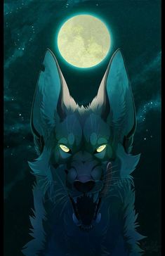 the wolf is staring at the moon with its mouth open and it's eyes glowing