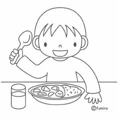 a boy sitting at a table with food in front of him and holding a spoon