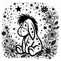 a black and white drawing of a horse surrounded by stars