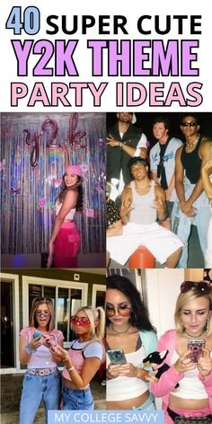 some people are taking pictures with their cell phones and the words, 40 super cute y2k theme party ideas