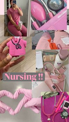 a collage of photos with the words nursing in pink and pictures of nurse's equipment