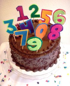 a chocolate cake with numbers and candles on it