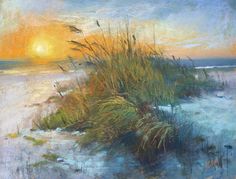 an oil painting of the sun setting over water and sand dunes with sea oats in foreground