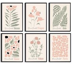 four framed art prints with flowers and plants in pink, green, gray and white