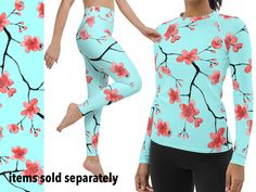 Sakura Floral Cherry Blossoms workout spandex pants, long sleeve rash guard shirt for active women. (Items Sold Separately).  Very soft, smooth, stretchable and comfortable premium quality yoga and regular leggings, capris and shorts. Great for running, cycling, exercise, jogging, fitness, or as a comfortable everyday wear. Rash guard is perfect for surfing. Flowers pattern. Make a great gift! Items are made from premium quality silky smooth, soft and comfortable fabric which is stretchy, light, Spring Fitted Yoga Pants For Training, Fitted Yoga Pants For Spring Training, Spring Yoga Pants For Gym With High Stretch, Spring Yoga Activewear Full Length, Spring Full Length Moisture-wicking Activewear, Spring Compression Full-length Yoga Pants, Spring Moisture-wicking Full-length Activewear, Spring Compression Yoga Pants For Pilates, Spring Yoga Pants With Moisture-wicking