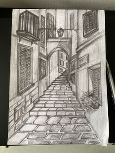 a pencil drawing of an alleyway with shuttered windows and steps leading to potted plants