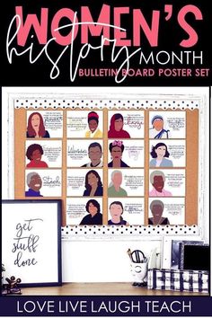 the poster for women's bulletin board is displayed in front of a computer desk