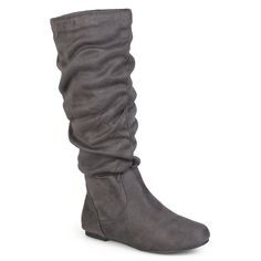 These Journee Collection Rebecca tall boots just scream comfort and style!Watch the video to find out how to perfectly fit your boots.Shoe Features Pull-on design ensures easy on and off. Shoe Construction Brushed fabric upper Manmade lining Manmade outsole Shoe DetailsÂ  Round toe Pull-onÂ Â  Lightly padded footbed 1/4-in. heel 16-in. shaft 16-in. collar circumference 17-in. wide-calf circumference  Size: 8.5 Wc. Color: Grey. Gender: female. Age Group: kids. Material: Faux Suede. Stylish Winter Boots, Dress Boots Women, Womens Tall Boots, Slouch Boots, Pink Boots, Tall Riding Boots, Slouched Boots, Wide Calf Boots, Comfortable Boots