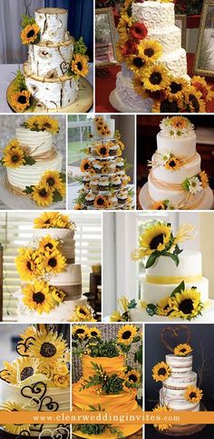 a collage of sunflowers and wedding cakes