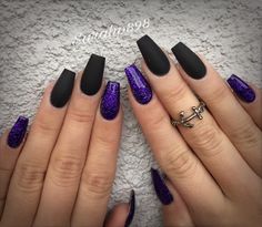 Matte black nails #matteblack #coffinnails Short Acrylic Nails Coffin Halloween, Elegant Nails Classy Sparkle Black, Black Nails Purple Tips, Nail Designs Black Coffin, Black Nails Black Glitter, Matte Glitter Acrylic Nails, Dark Purple Glitter French Tip Nails, Goth Acrylic Nails Coffin Short, Purple Black Nails Designs