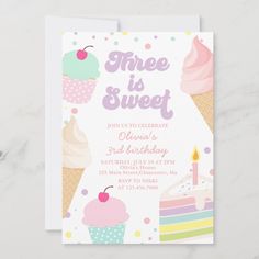 a birthday party card with cupcakes, cake and candle on the front in pastel colors