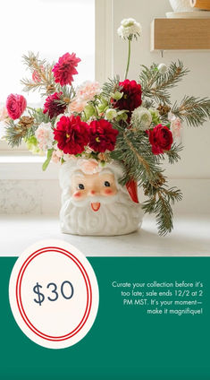 a vase filled with red and white flowers on top of a counter next to a window