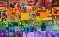 a collage of photos with different colors and designs on them, including people's faces